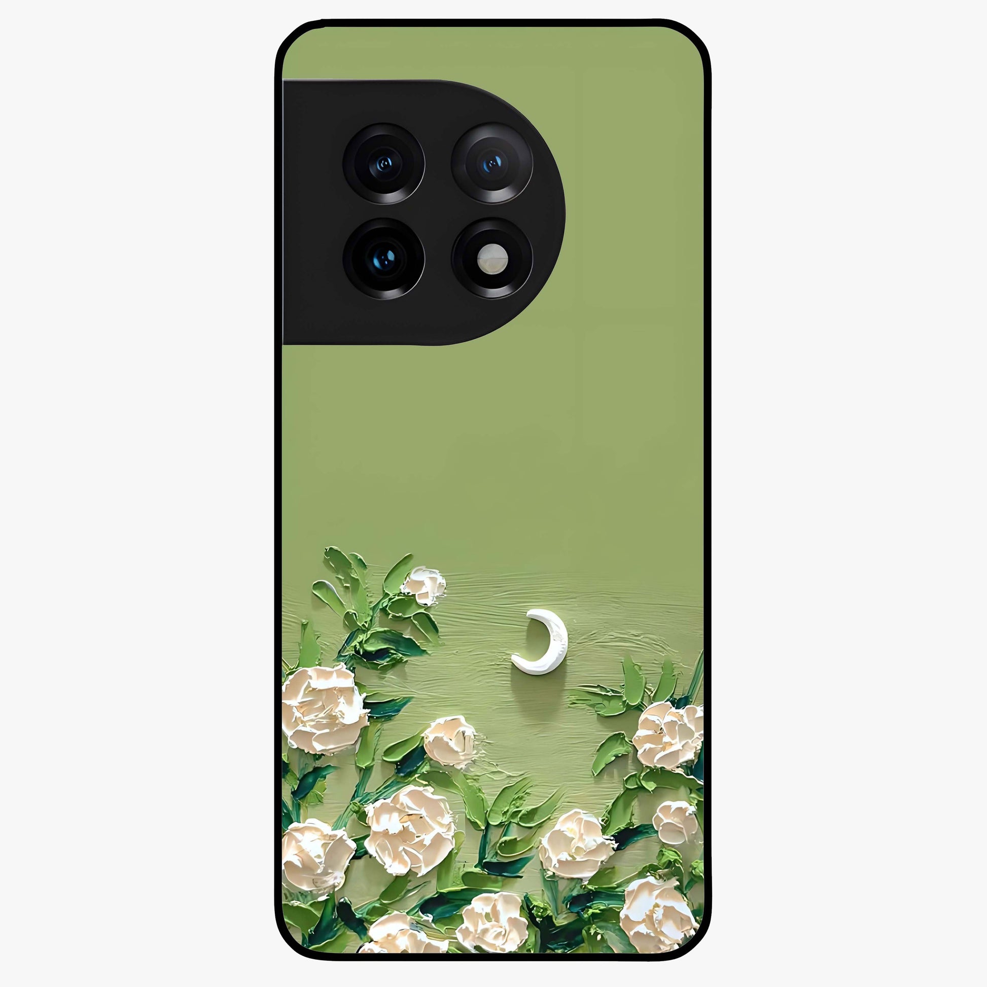 Emerald Bloom Calm Glass Case for 1+11 elegant front view featuring soothing emerald floral artwork