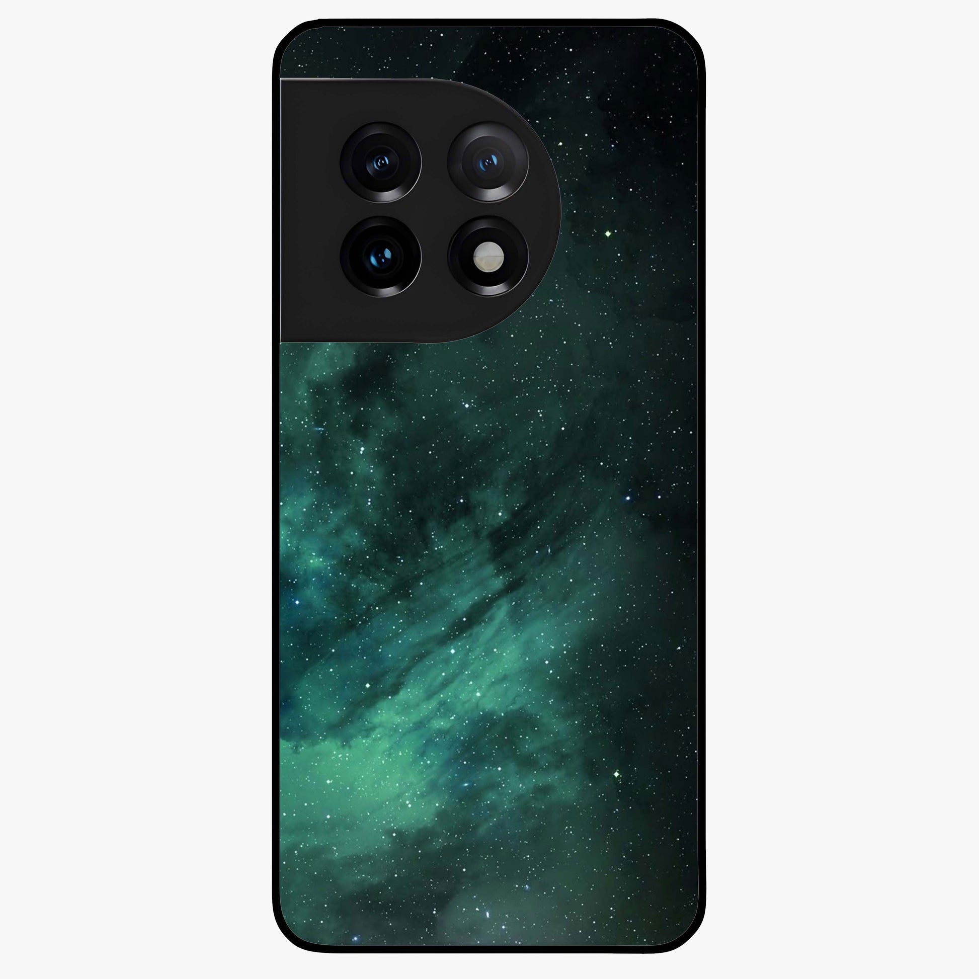Emerald Green Space Glass Case for 1+11 vibrant front view featuring deep green cosmic inspired artwork