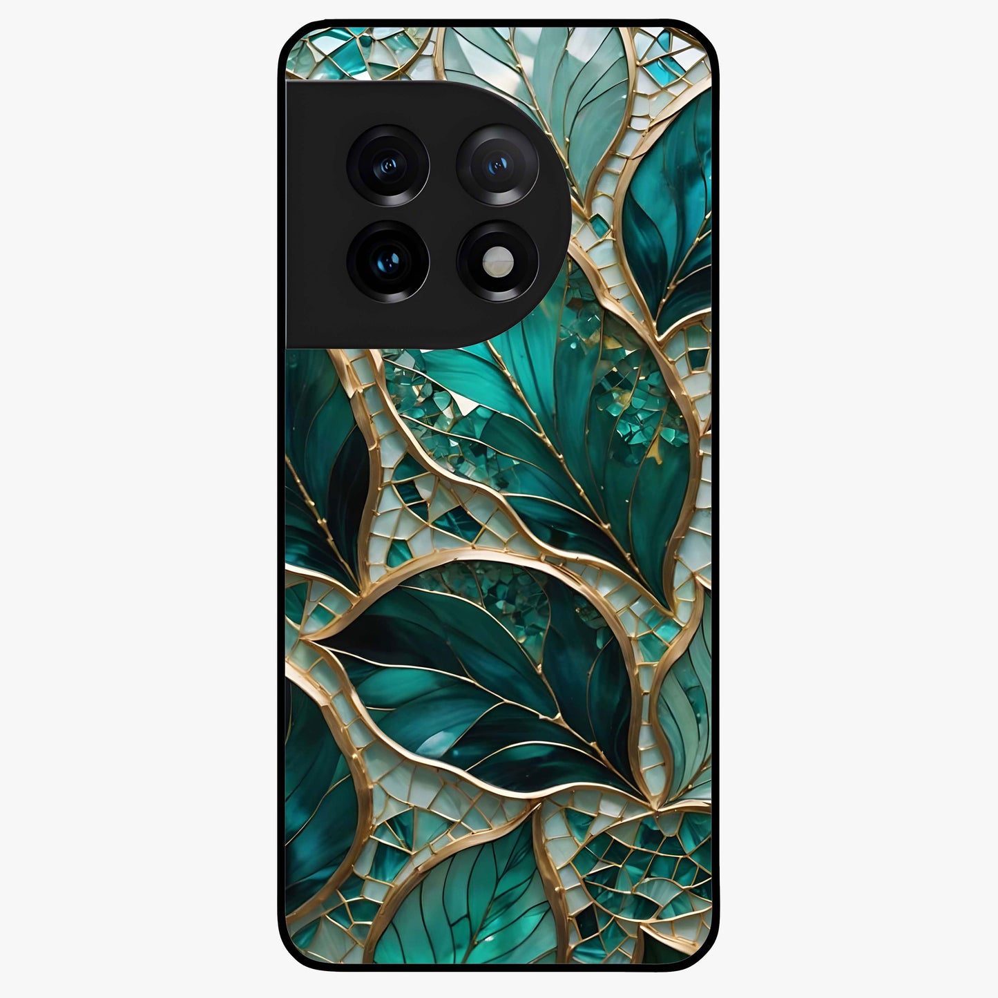 Emerald Leaf Glass Case for 1+11 minimalist front view featuring elegant green leaf artwork
