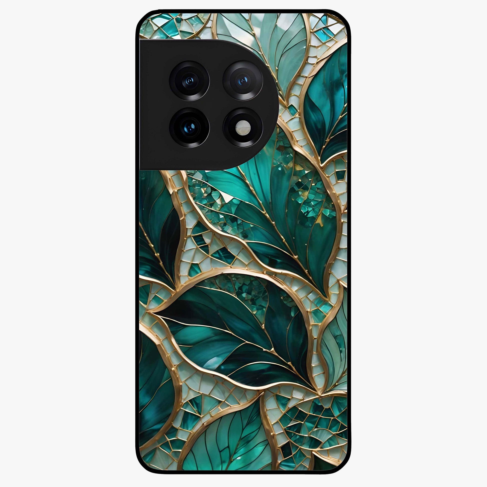 Emerald Leaf Glass Case for 1+11 minimalist front view featuring elegant green leaf artwork