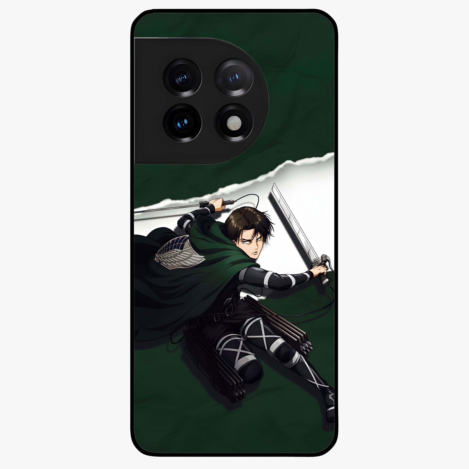 Emerald War Vanguard Glass Case for 1+11 striking front view featuring warrior inspired artwork in emerald tones