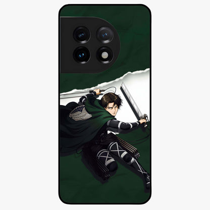 Emerald War Vanguard Glass Case for 1+11 striking front view featuring warrior inspired artwork in emerald tones