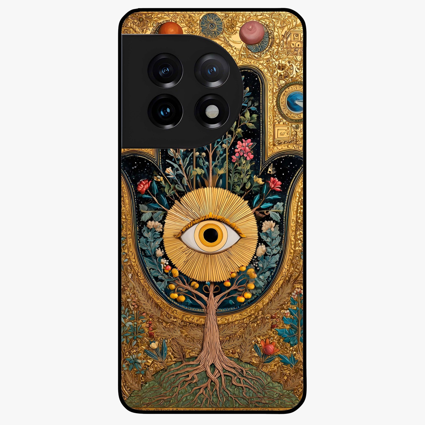 Ethereal Evil Eye Glass Case for 1+11 mystical front view featuring soft glowing evil eye artwork