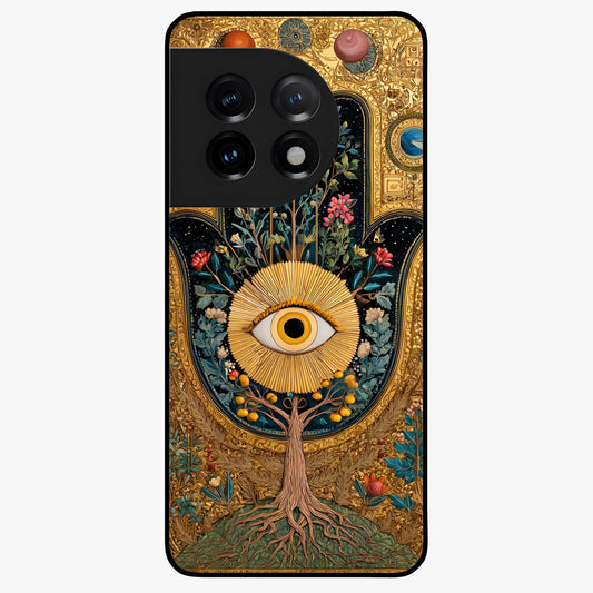Ethereal Evil Eye Glass Case for 1+11 mystical front view featuring soft glowing evil eye artwork