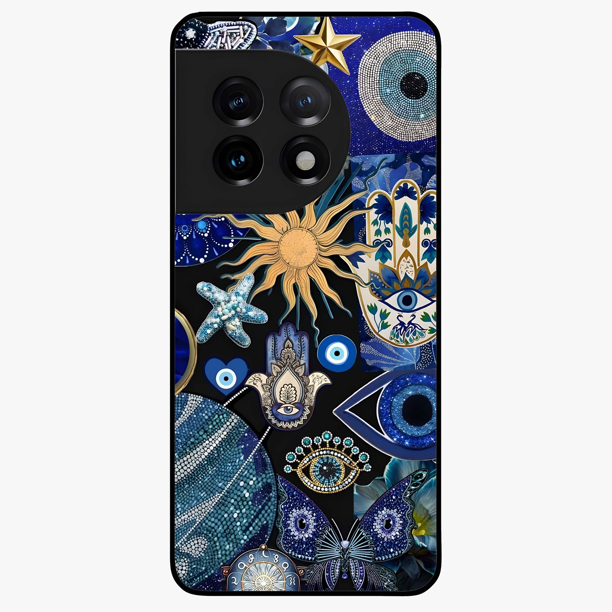 Evil Eye Charm Mix Glass Case for 1+11 vibrant front view featuring multiple evil eye charm artwork