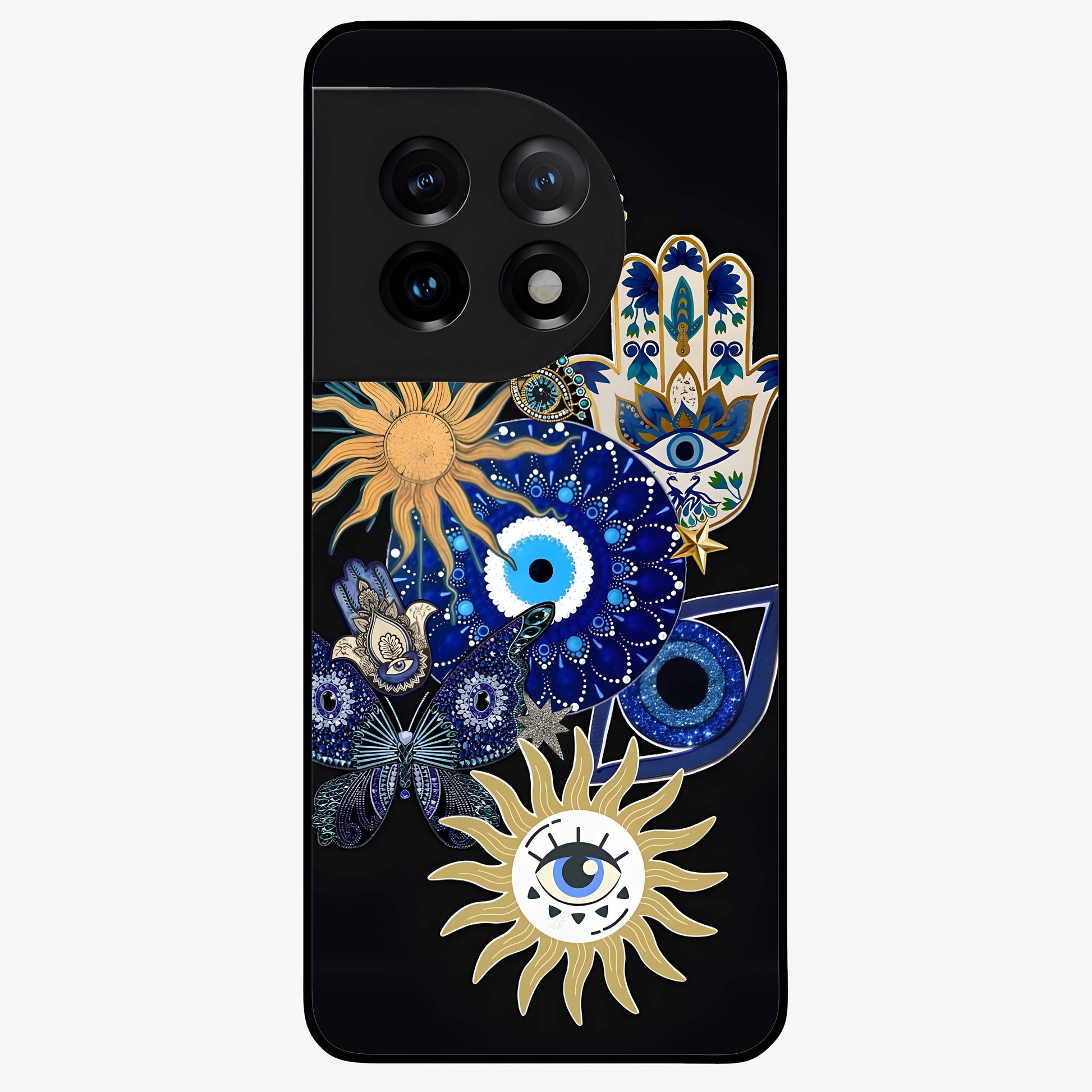 Evil Eye Charm Vibes Glass Case for 1+11 stylish front view featuring aesthetic evil eye inspired artwork