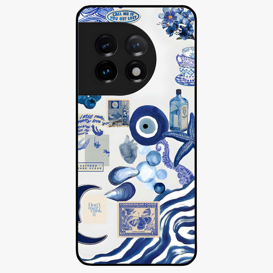 Evil Eyes Dark Blue Glass Case for 1+11 striking front view featuring deep blue evil eye artwork