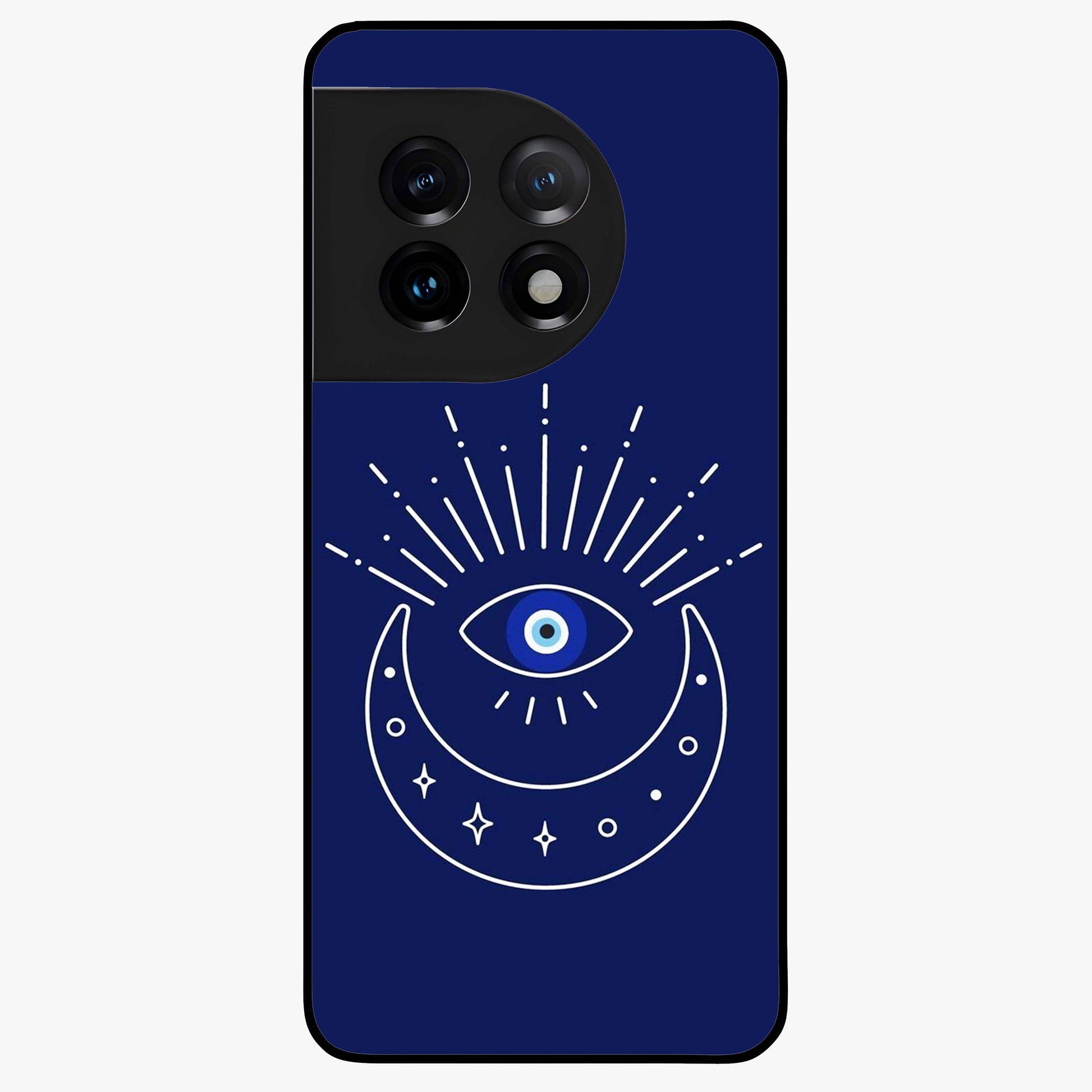 Evil Eye With Blue Themed Collage Glass Case for 1+11 artistic front view featuring blue collage style evil eye artwork