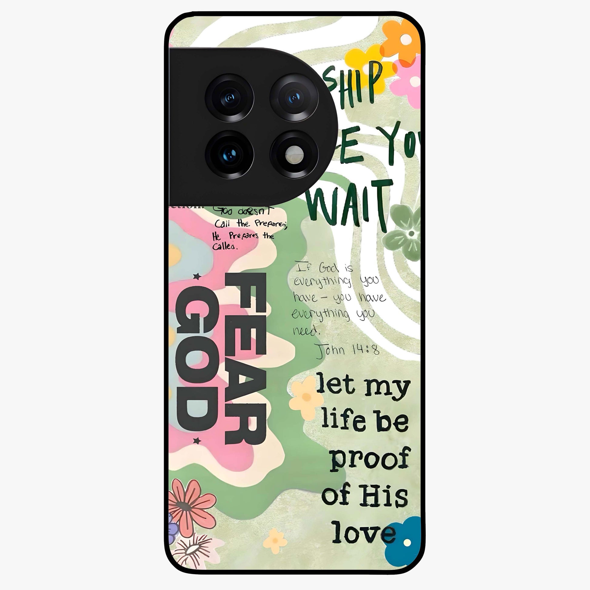 Faith Over Fear Glass Case for 1+11 inspirational front view featuring bold motivational typography artwork