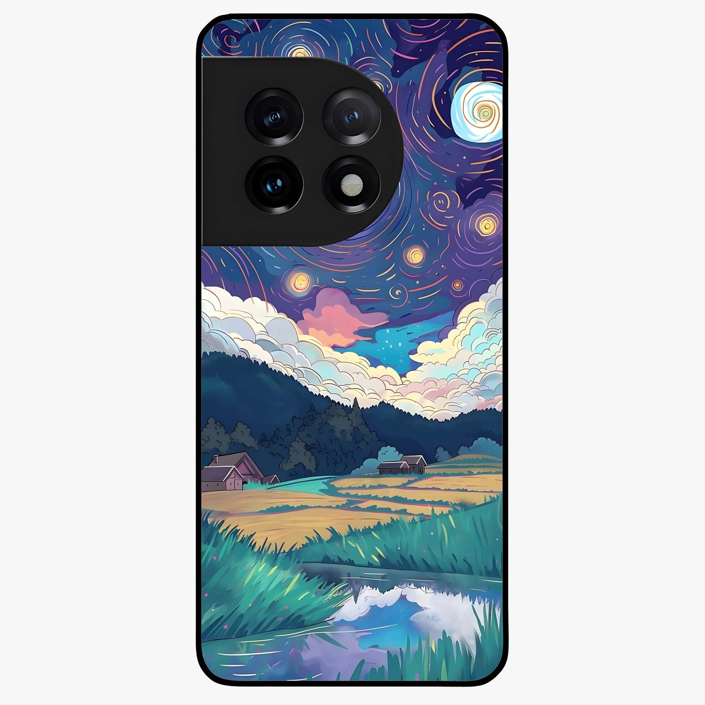 Fields Beneath the Cosmos Glass Case for 1+11 dreamy front view featuring meadow landscape under cosmic sky