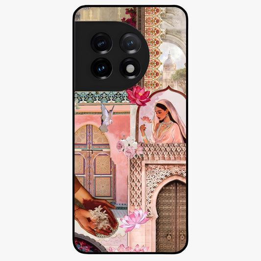 Floral Courtyard Muse Glass Case for 1+11 elegant front view featuring artistic courtyard floral artwork
