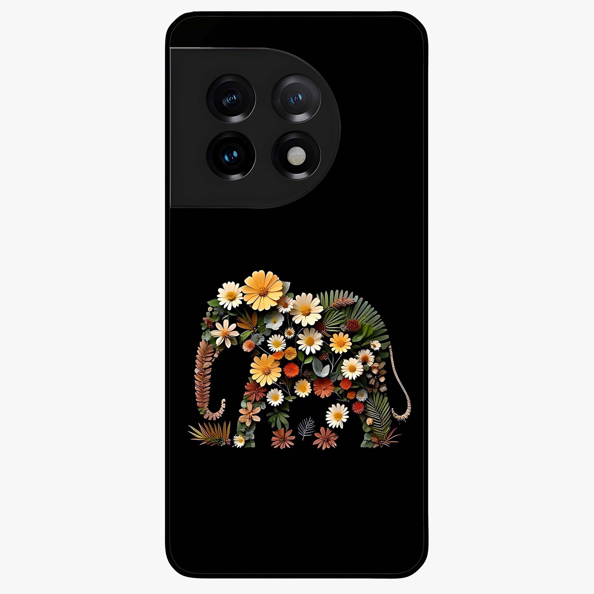 Floral Elephant Glass Case for 1+11 artistic front view featuring elephant illustration with floral detailing