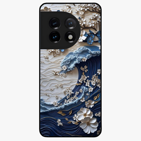 Floral Wave Origami Glass Case for 1+11 artistic front view featuring folded origami inspired floral wave artwork