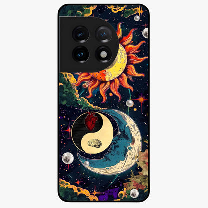 Future Universe Glass Case for 1+11 futuristic front view featuring cosmic inspired abstract artwork