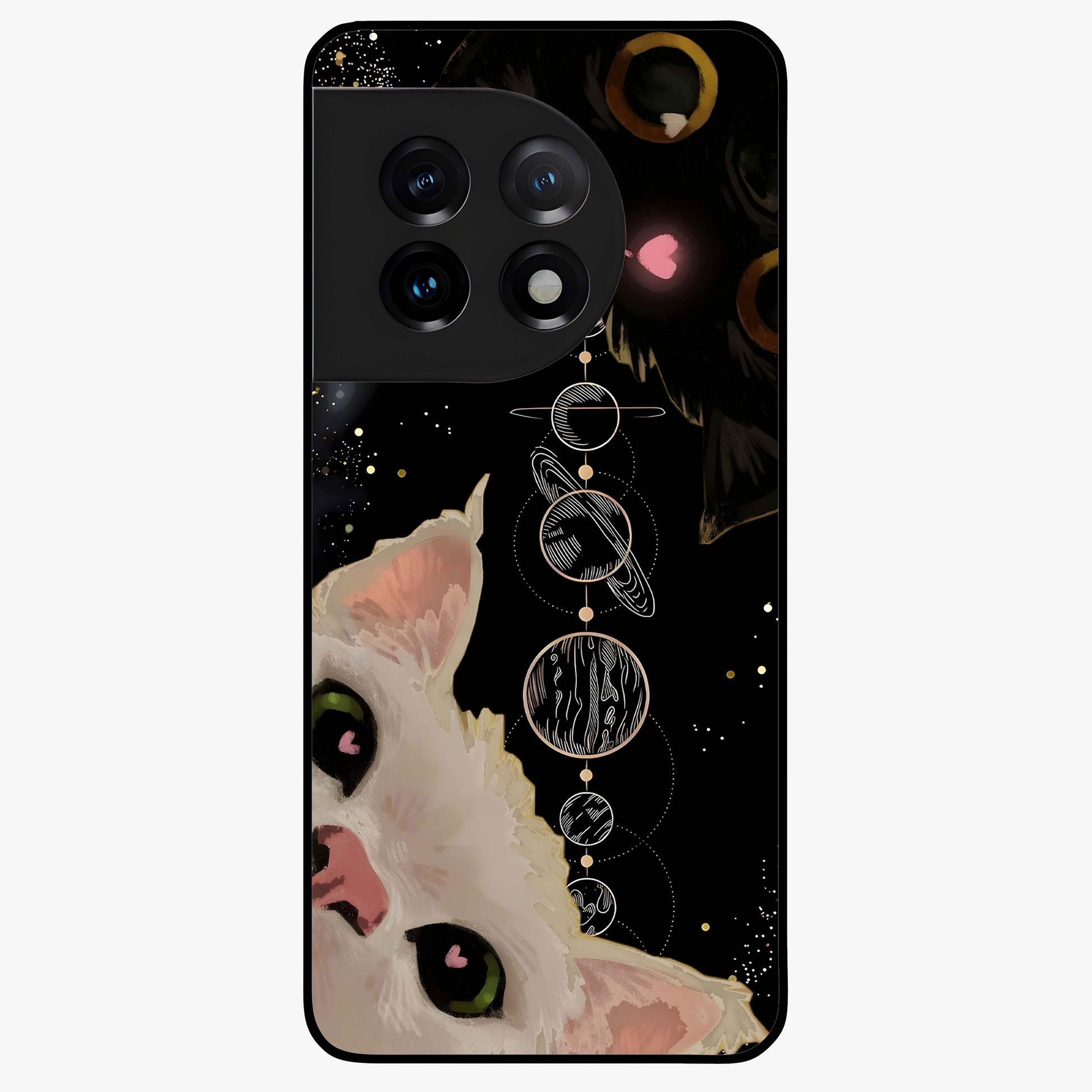 Galactic Cat Glass Case for 1+11 mystical front view featuring cat artwork against cosmic galaxy background