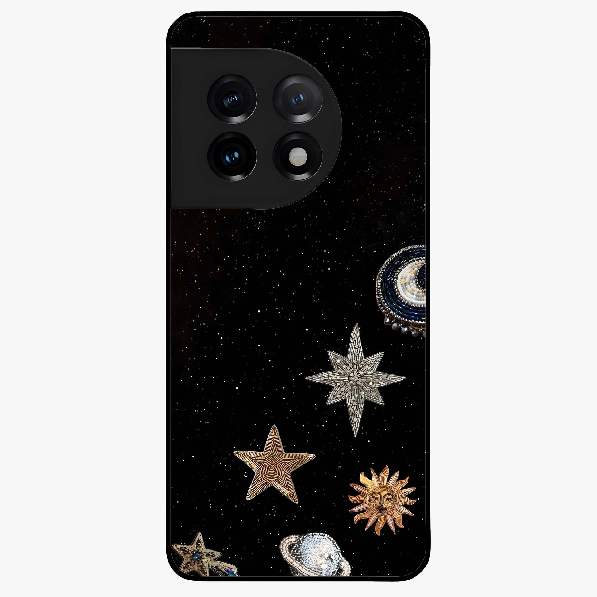 Galactic Charm Glow Glass Case for 1+11 radiant front view featuring glowing cosmic charm artwork