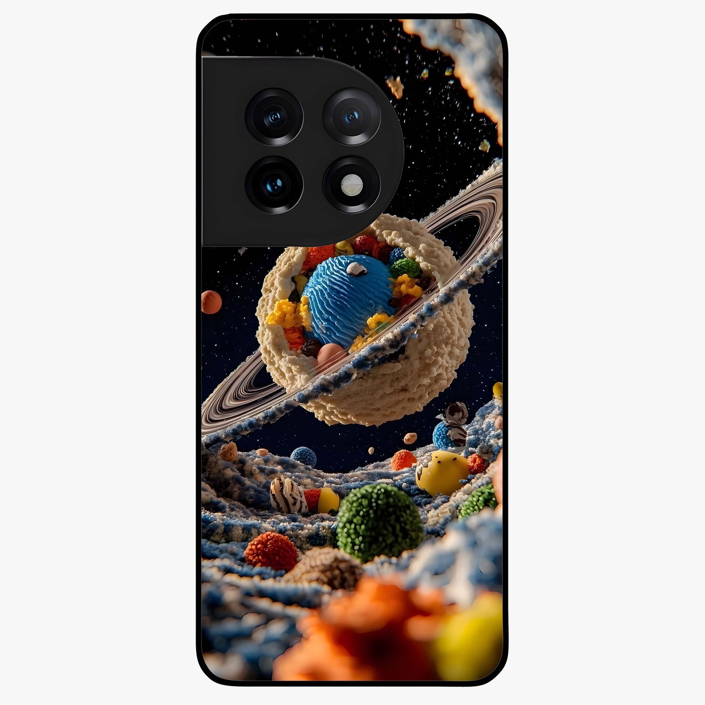 Galactic Dessert Dream Printed Glass Case for 1+11 playful front view featuring dessert themed artwork with cosmic twist