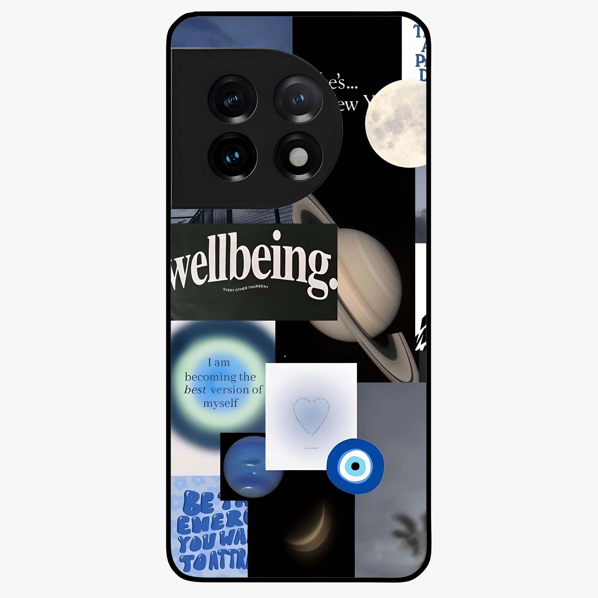 Galactic Energy Collage Glass Case for 1+11 artistic front view featuring layered cosmic collage artwork