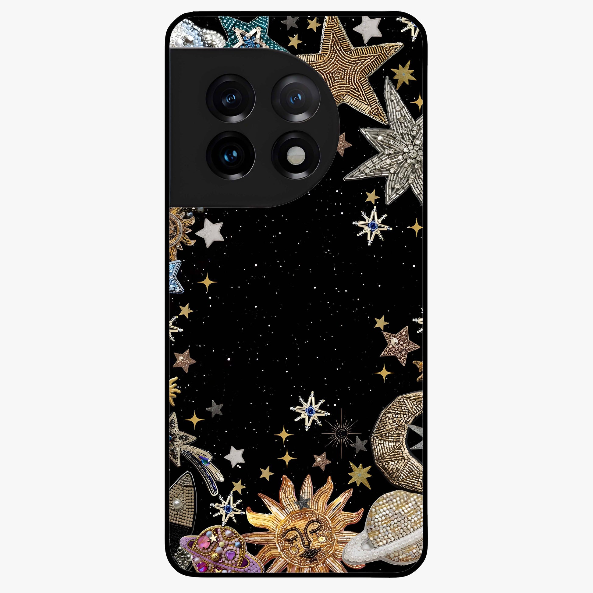 Galactic Jewel Stars Glass Case for 1+11 elegant front view featuring sparkling jewel inspired star artwork