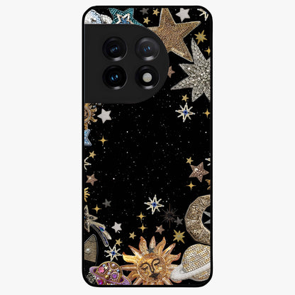 Galactic Jewel Stars Glass Case for 1+11 elegant front view featuring sparkling jewel inspired star artwork