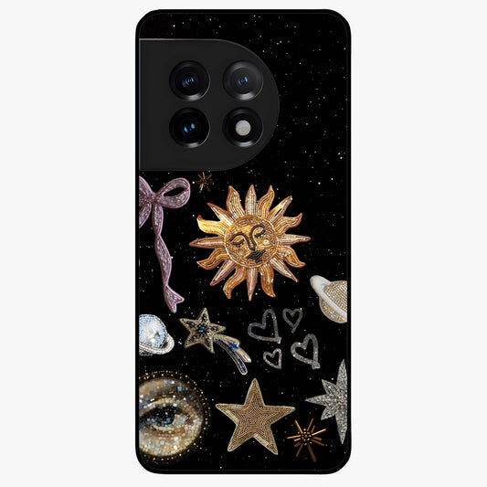 Galactic Sun Charm Glass Case for 1+11 radiant front view featuring celestial sun artwork with cosmic accents