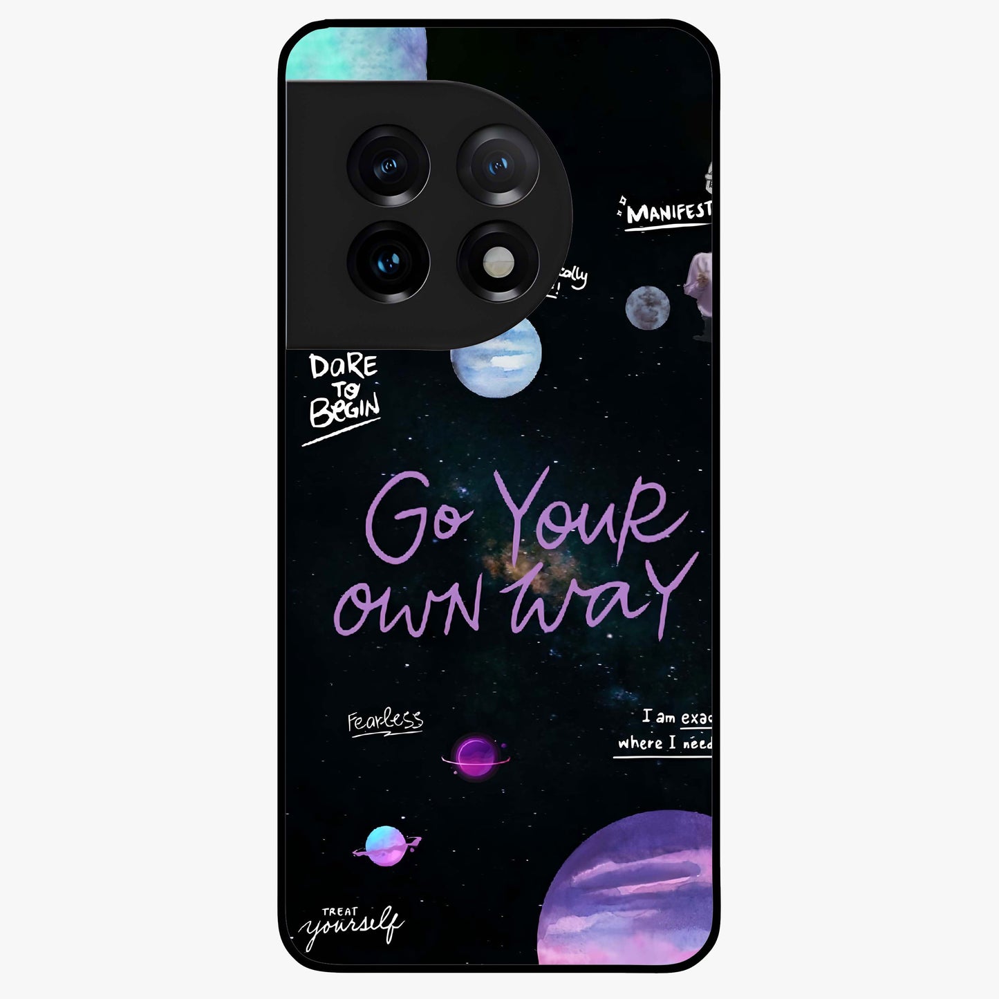 Galactic Vibes Universe Glass Case for 1+11 vibrant front view featuring universe inspired artistic artwork