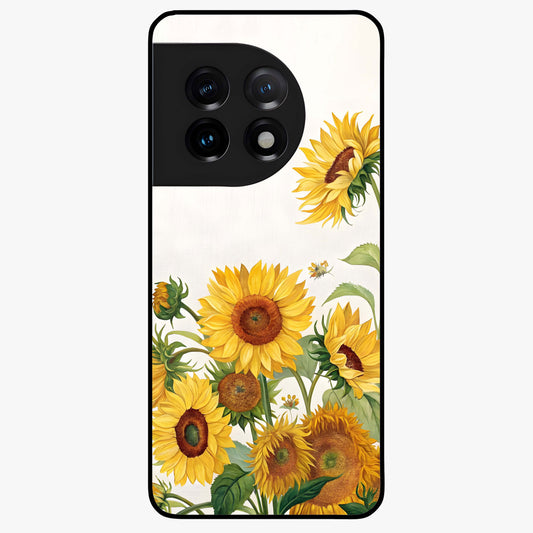 Golden Bloom Night Glass Case for 1+11 elegant front view featuring glowing golden floral artwork on dark background
