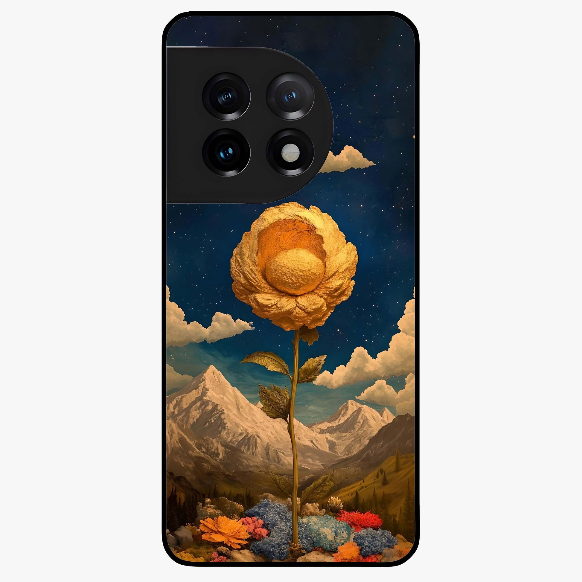Golden Blossom Elegance Glass Case for 1+11 graceful front view featuring refined golden floral artwork