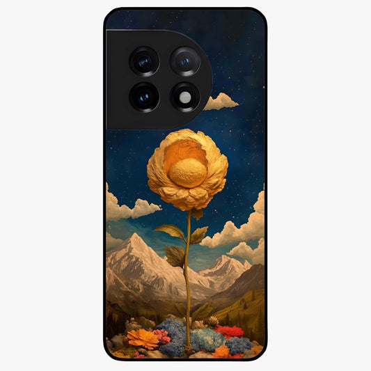 Golden Blossom Elegance Glass Case for 1+11 graceful front view featuring refined golden floral artwork