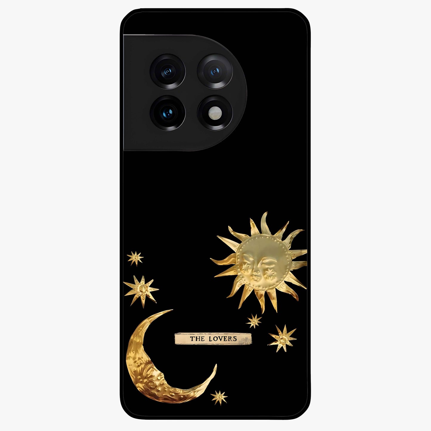 Golden Crescent Mood Glass Case for 1+11 artistic front view featuring crescent moon artwork in warm golden tones