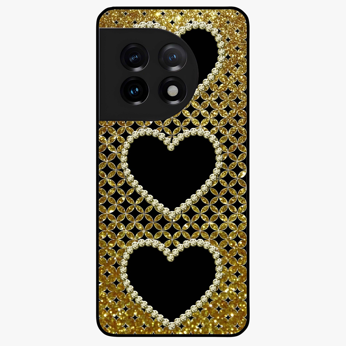 Golden Leaf Dreams Glass Case for 1+11 elegant front view featuring shimmering golden leaf artwork