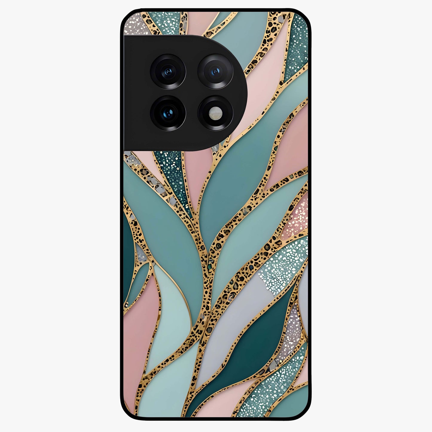 Golden Lotus Glow Glass Case for 1+11 serene front view featuring radiant lotus artwork in golden hues