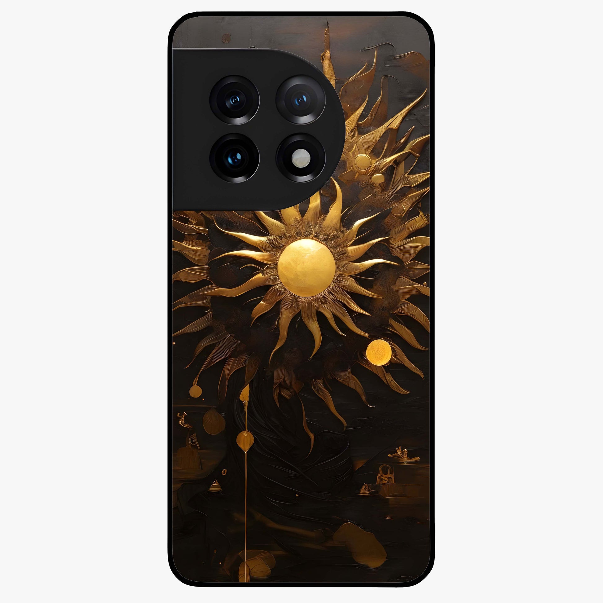 Golden Sun Minimalism Glass Case for 1+11 clean front view featuring minimalist golden sun artwork