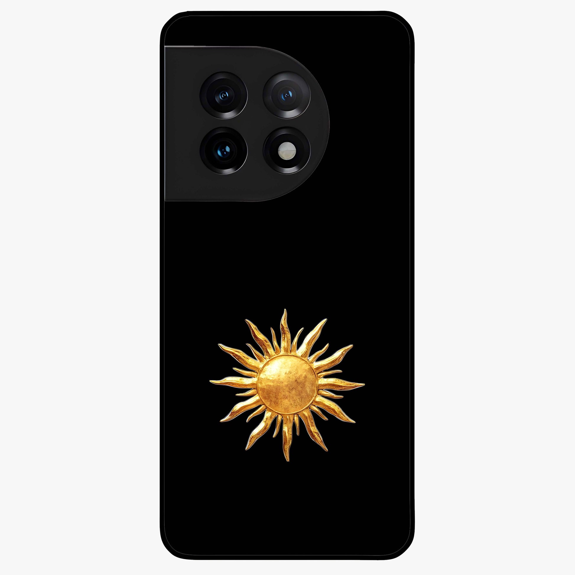 Golden Wave Rise Glass Case for 1+11 dynamic front view featuring flowing wave artwork in golden tones