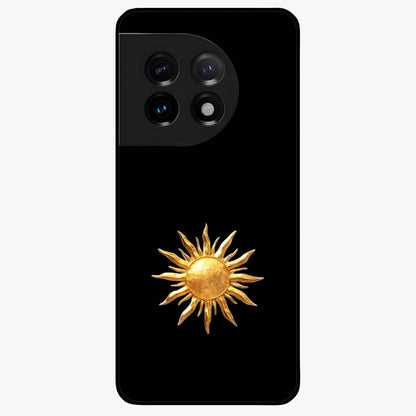Golden Wave Rise Glass Case for 1+11 dynamic front view featuring flowing wave artwork in golden tones