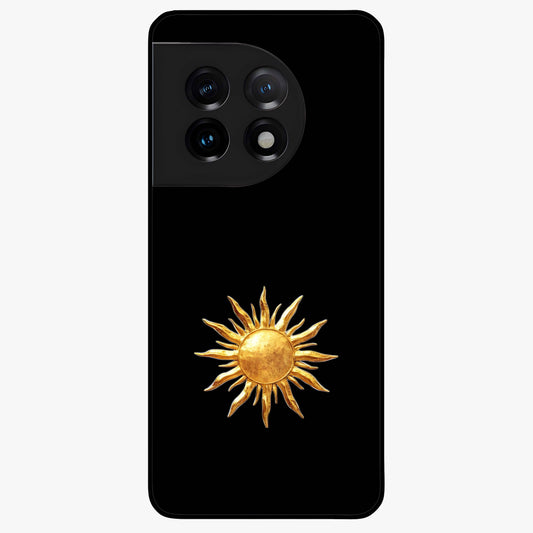 Golden Wave Rise Glass Case for 1+11 dynamic front view featuring flowing wave artwork in golden tones