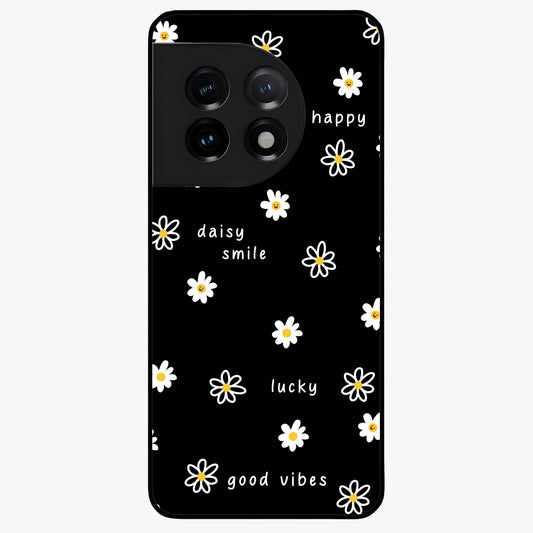 Good Vibes Daisy Black Pattern Glass Case for 1+11 stylish front view featuring white daisy artwork on black background