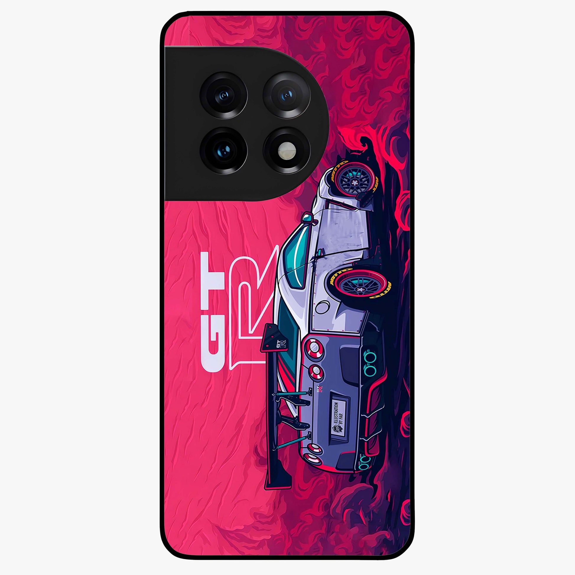Gt R Car Pattern Glass Case for 1+11 bold front view featuring performance car inspired pattern artwork