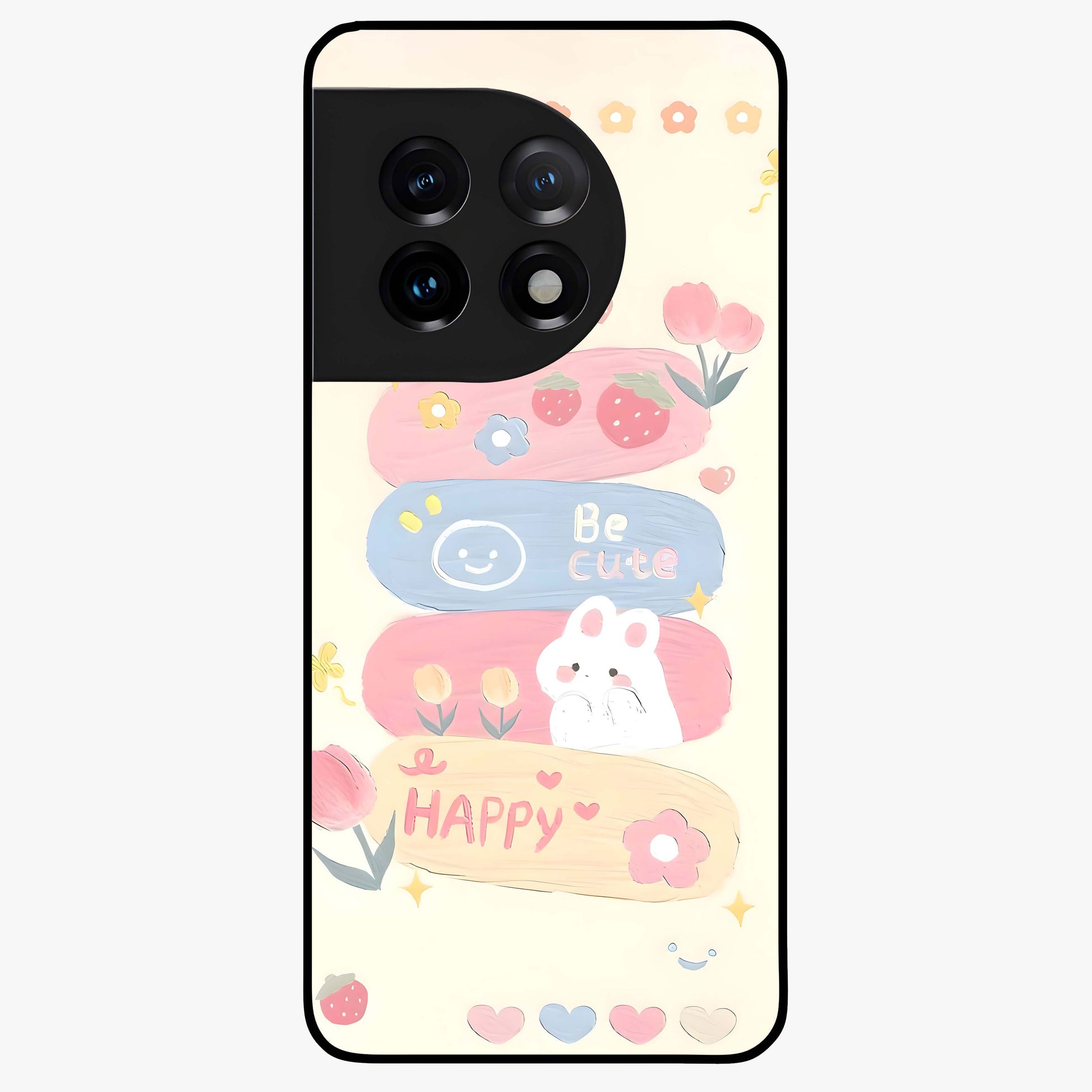 Happy Cute Bunny Glass Case for 1+11 adorable front view featuring playful bunny artwork