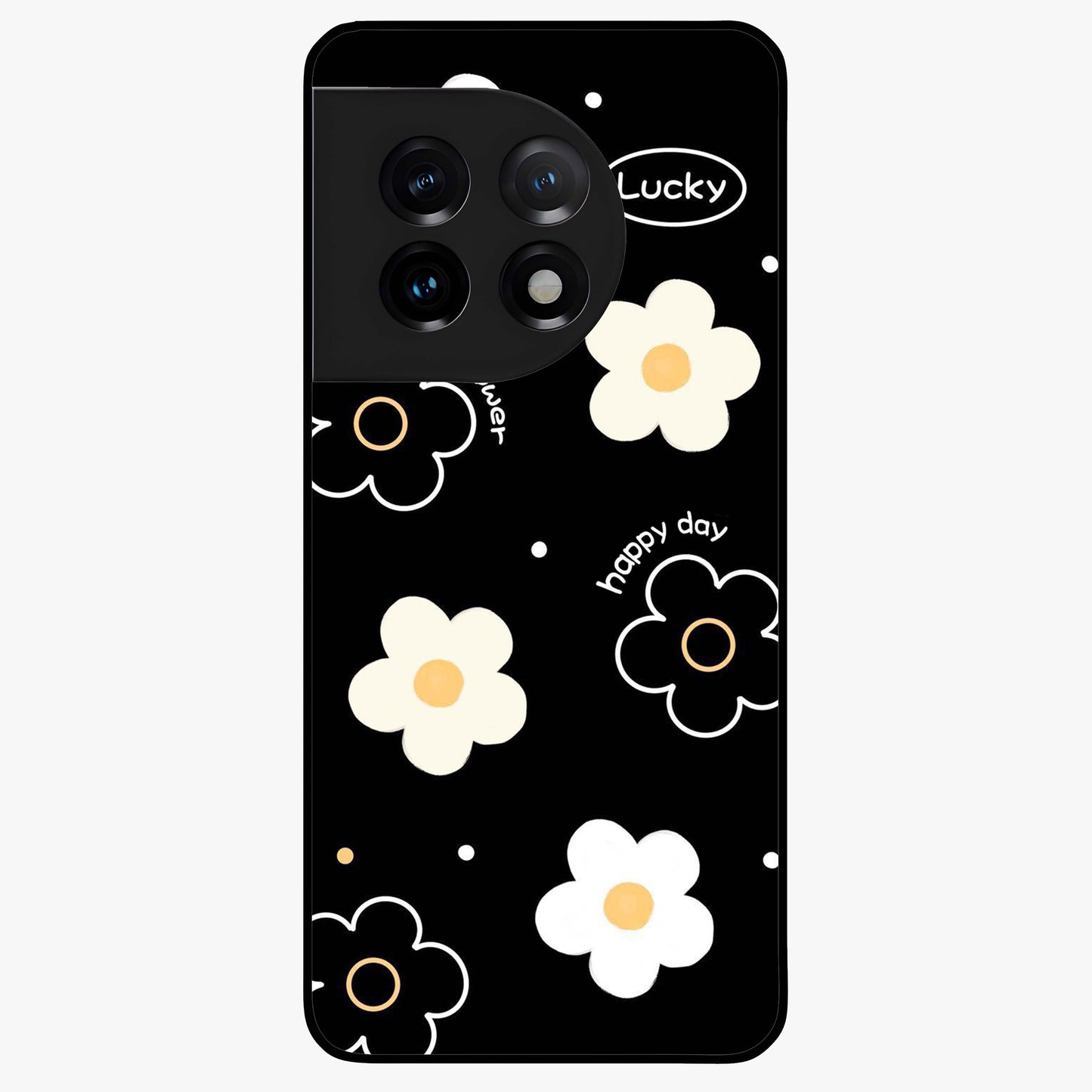 Happy Day Daisy Glass Case for 1+11 cheerful front view featuring bright daisy floral artwork