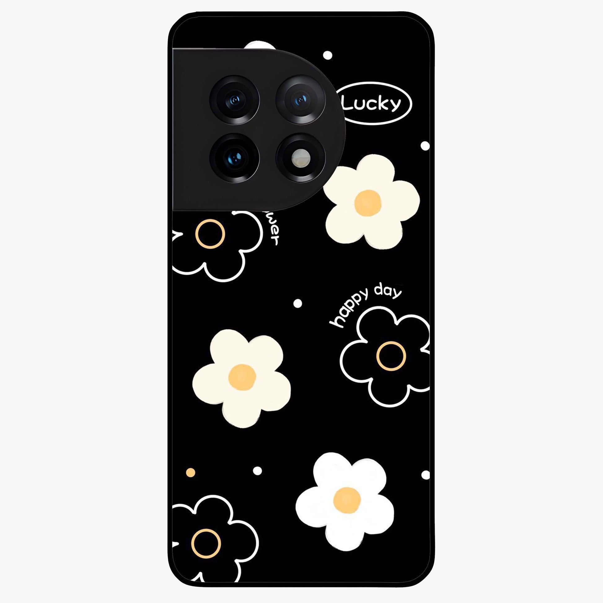 Happy Day Daisy Glass Case for 1+11 cheerful front view featuring bright daisy floral artwork