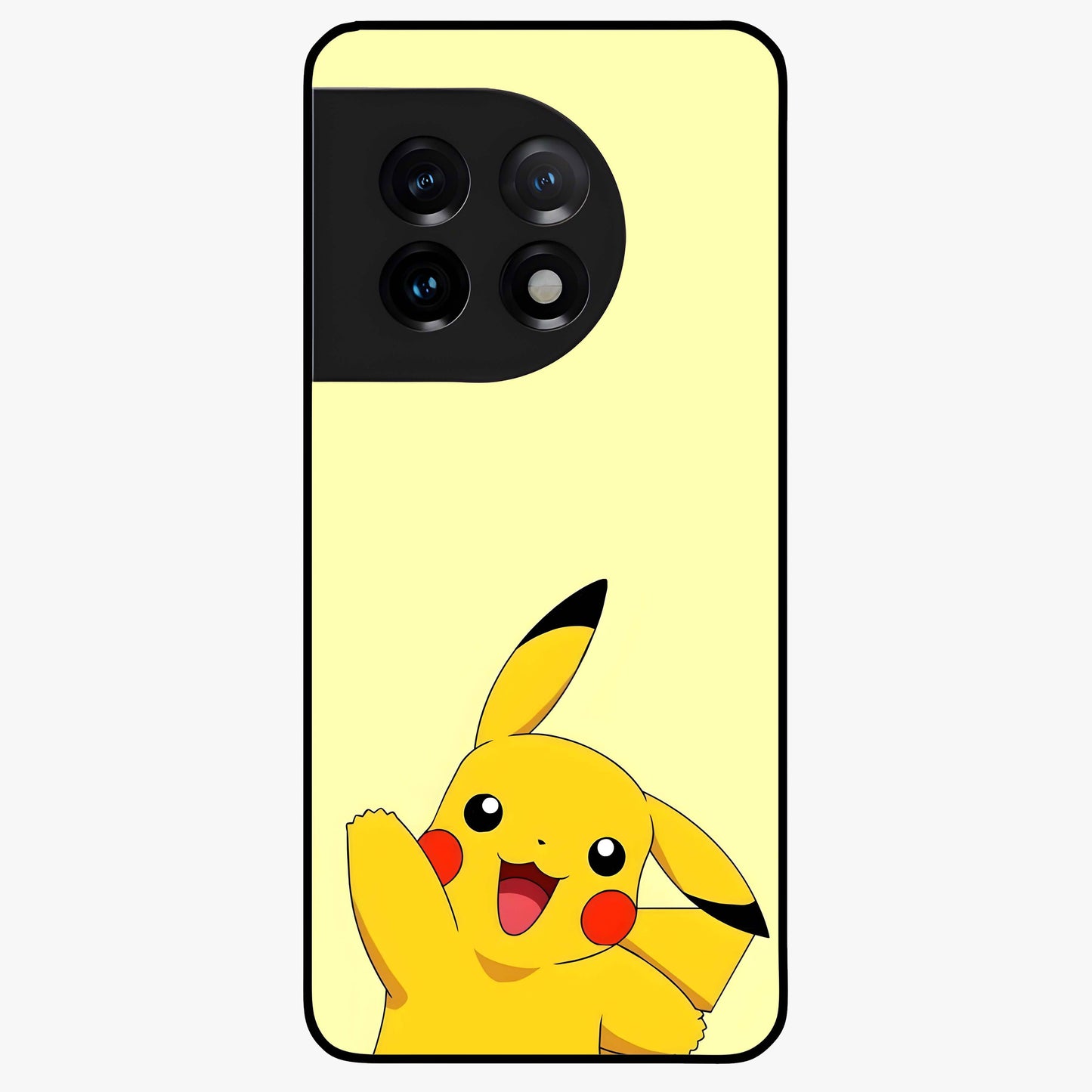 Happy Electric Pikachu Glass Case for 1+11 energetic front view featuring electric themed cartoon artwork