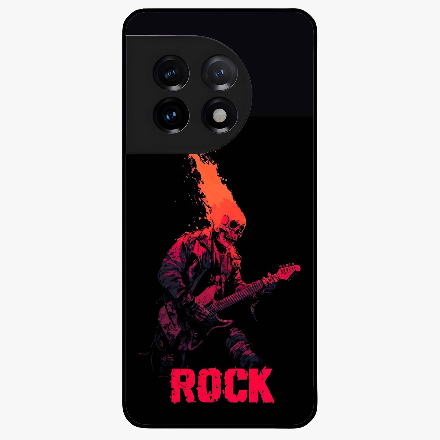 Hellfire Rock Anthem Glass Case for 1+11 showing full back design in clean flat view with fiery rock-inspired artwork and glossy glass finish.