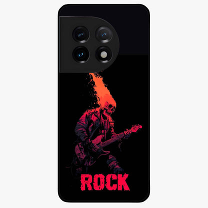 Hellfire Rock Anthem Glass Case for 1+11 showing full back design in clean flat view with fiery rock-inspired artwork and glossy glass finish.