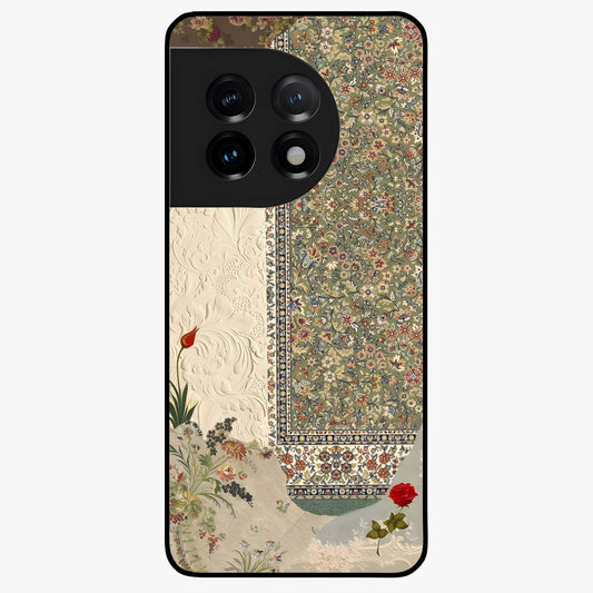 Heritage Textile Layers Glass Case for 1+11 showing full back design in clean flat view with layered textile-inspired artwork and glossy glass finish.