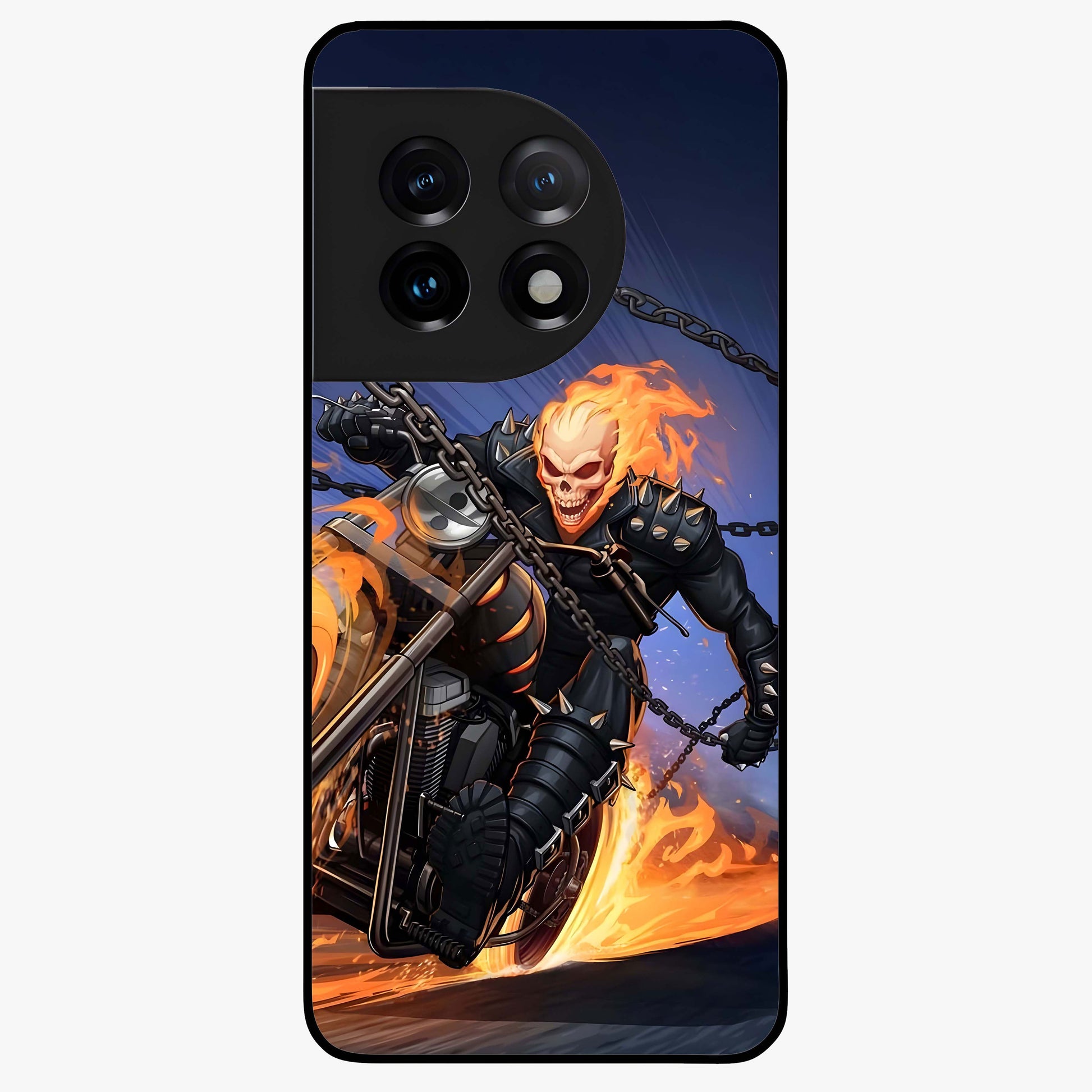 Inferno Chain Rider Glass Case for 1+11 showing full back design in clean flat view with fiery chain rider artwork and glossy glass finish.