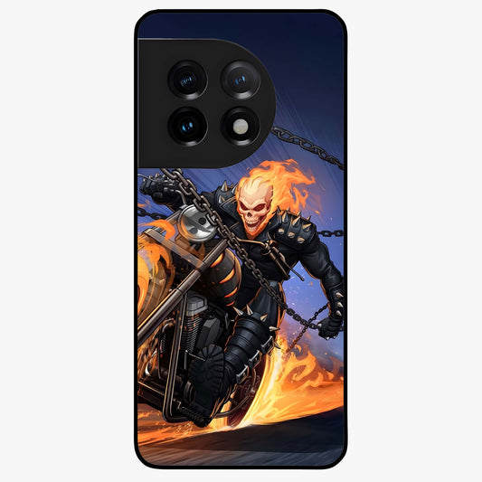 Inferno Chain Rider Glass Case for 1+11 showing full back design in clean flat view with fiery chain rider artwork and glossy glass finish.