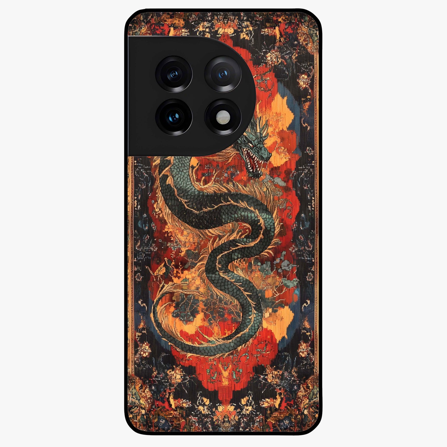 Inferno Dragon Soul Glass Case for 1+11 showing full back design in clean flat view with blazing dragon artwork and glossy glass finish.