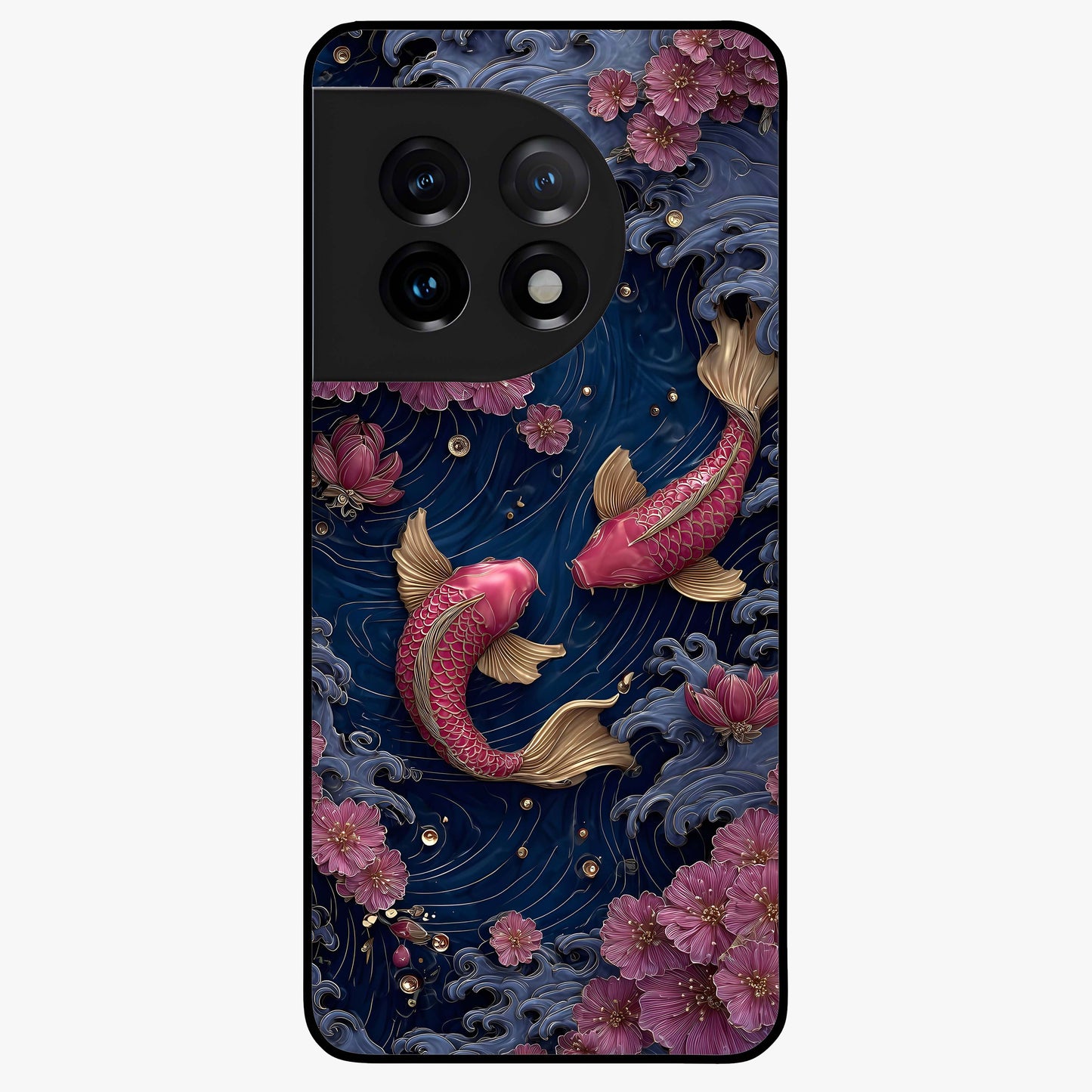 Koi Wave Dance Glass Case for 1+11 artistic front view featuring flowing koi fish artwork with wave patterns