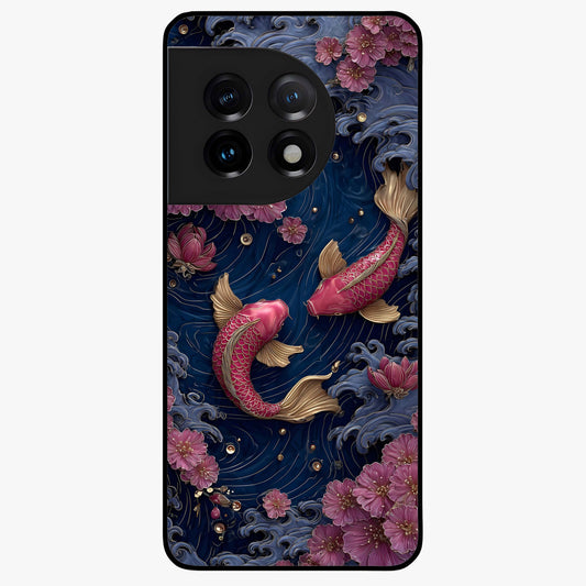 Koi Wave Dance Glass Case for 1+11 artistic front view featuring flowing koi fish artwork with wave patterns
